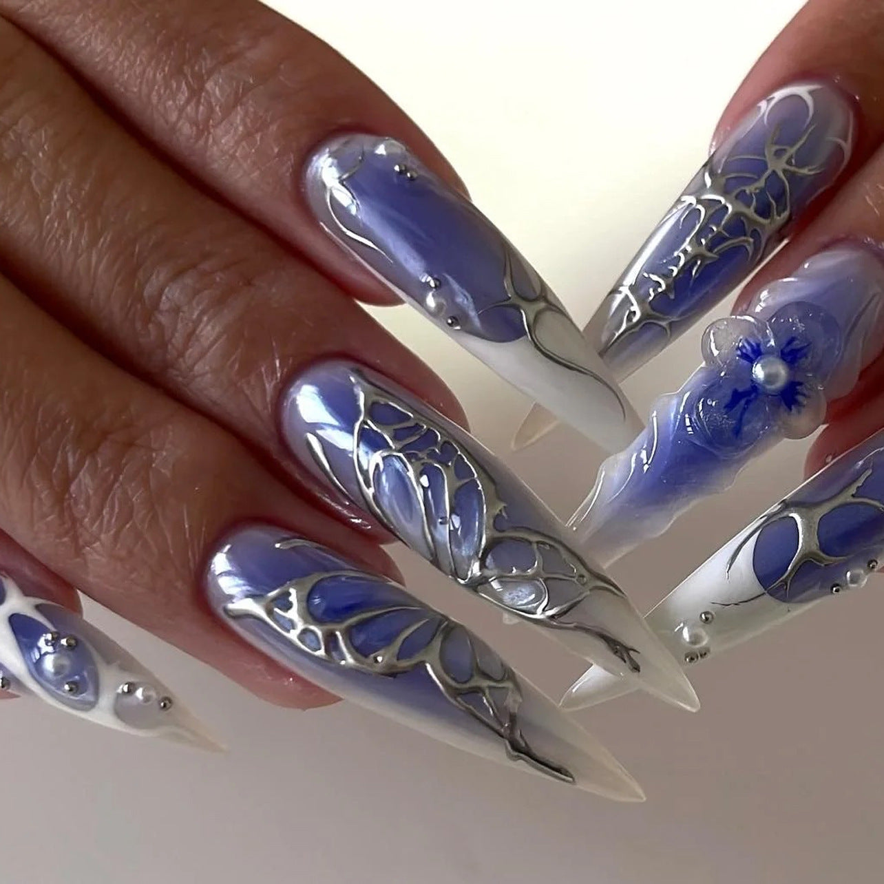 Enchanting Elegance Long Stiletto Shape Lavender With Silver Floral Accents Press On Nail Set