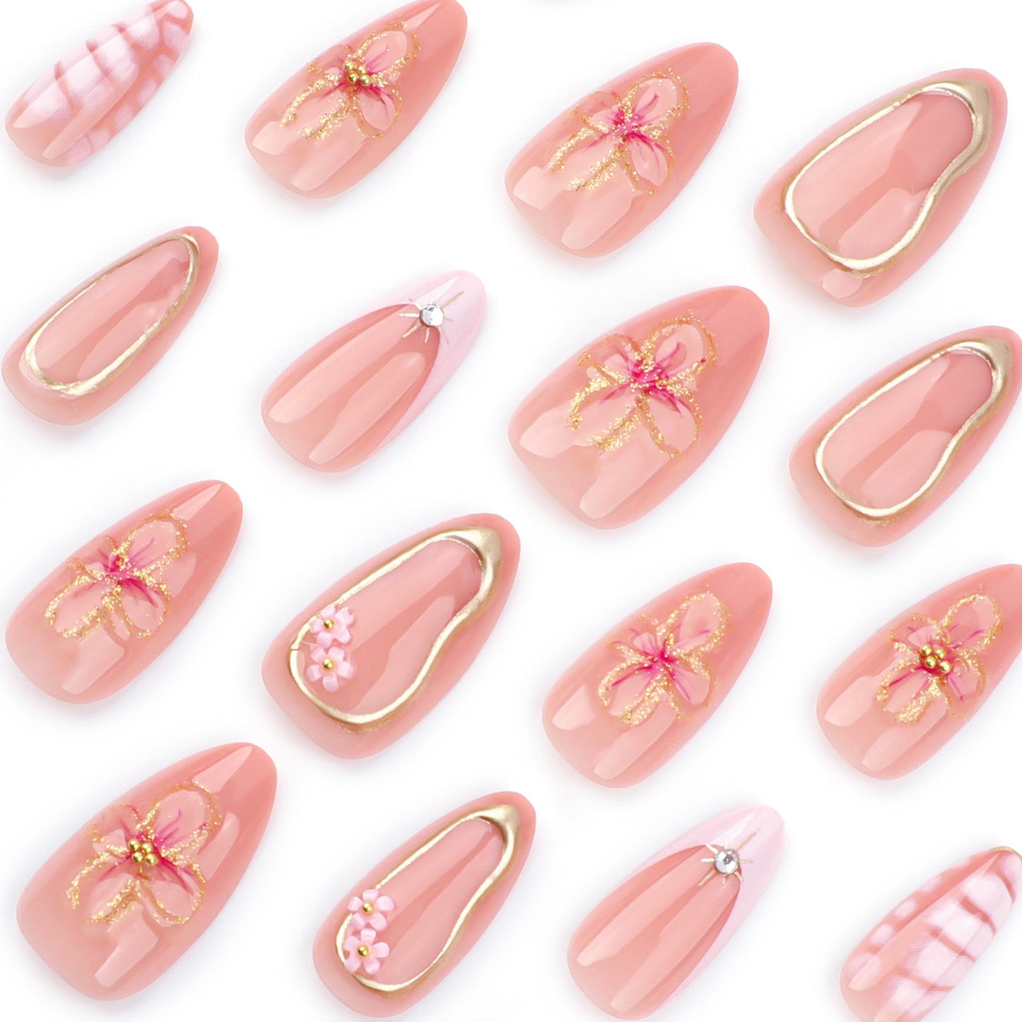 Blossoming Elegance Medium Almond Shape Soft Pink with Floral and Gold Accents Press On Nail Set