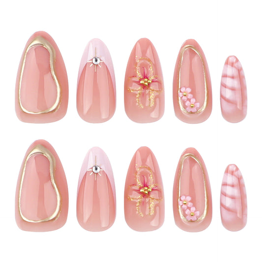 Blossom Dreamin Pink Medium Almond Shaped Glossy Nails with Floral Accents