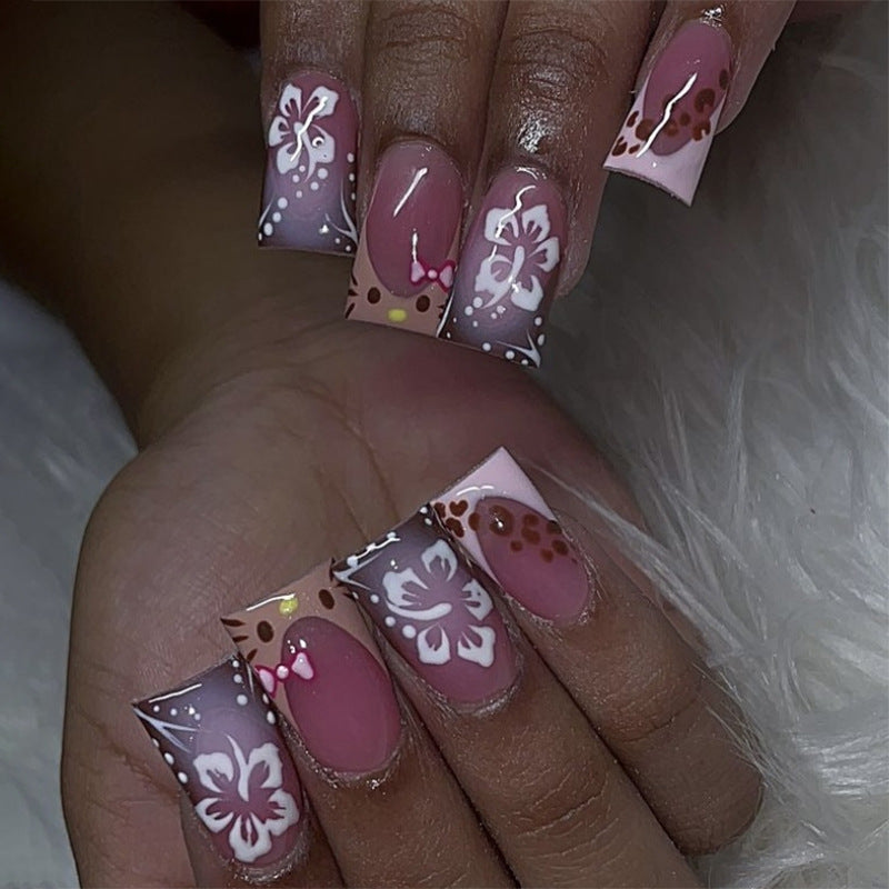 Tropical Floral Charm Long Duck Pink Ombre Press On Nail Set with Hand-Painted Designs