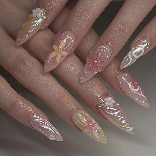 Floral Fantasy Long Stiletto Pink Ombre Press On Nail Set with Intricate Hand-Painted Designs