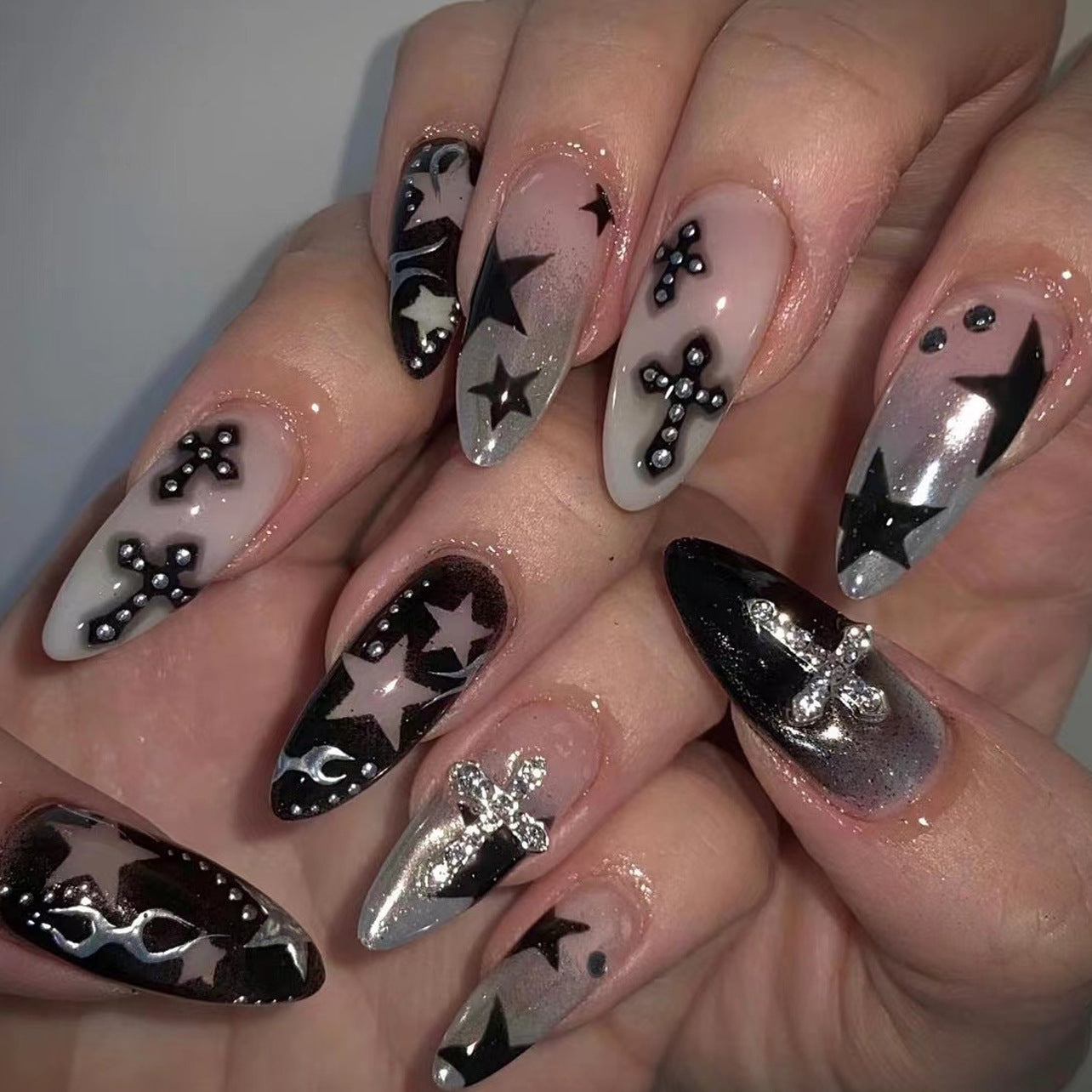 Gothic Starry Night Long Almond Black and Silver Press On Nail Set with Cross and Star Accents