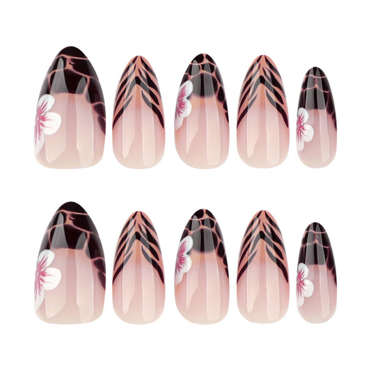 Cherry Blossom Elegance Medium Almond Pink and Black Floral Design Press On Nail Set