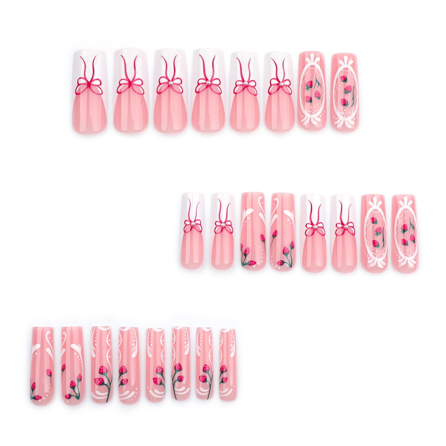 Charming Ballet Inspired Long Square Pink Press on Nail Set with Floral and Bow Design