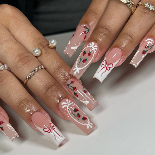 Whimsical Garden Long Square Pink Press On Nail Set with Strawberry and Bow Accents