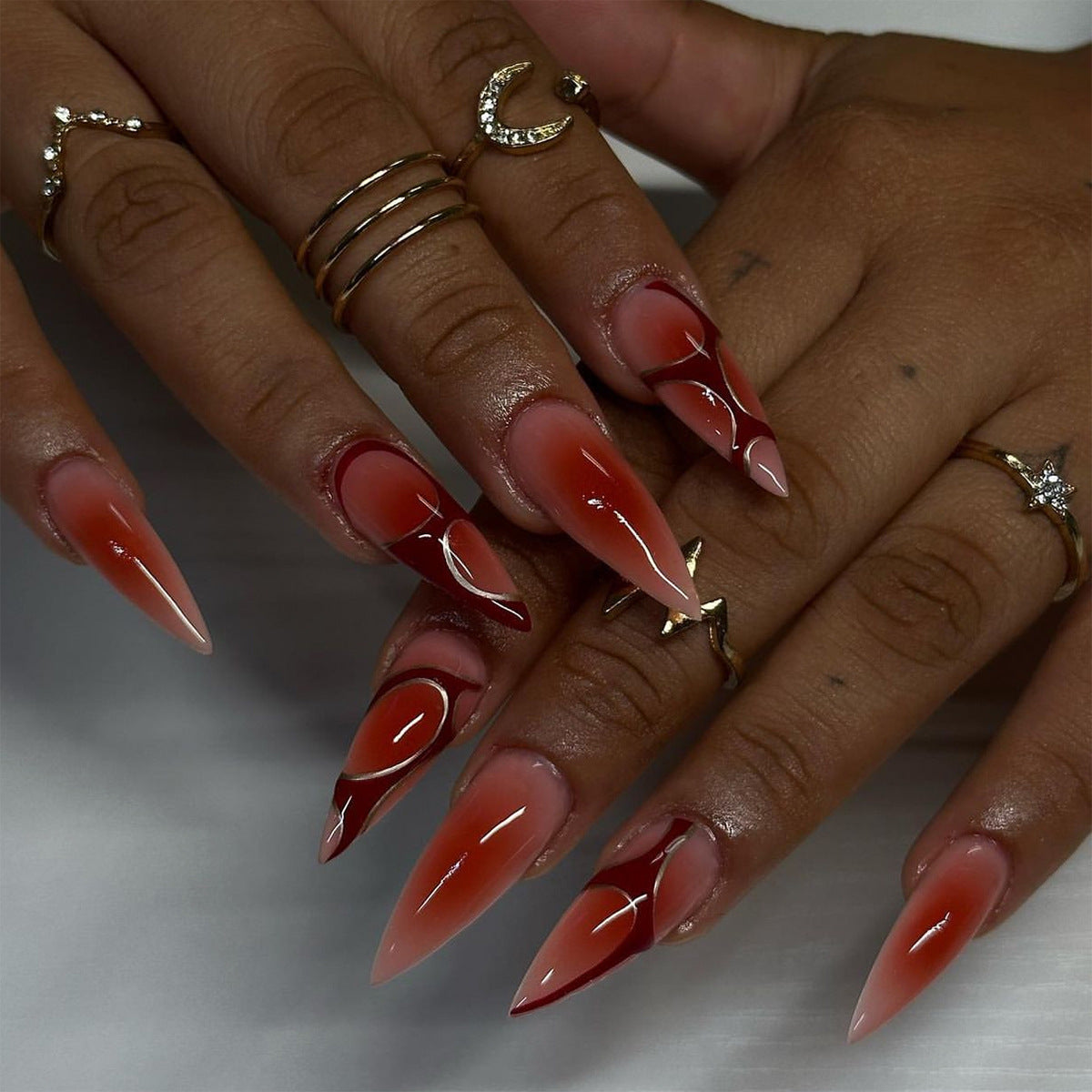 Glamorous Fantasy Extra Long Stiletto Press On Nail Set in Ombre Red and Beige with Elegant Metallic Swirls