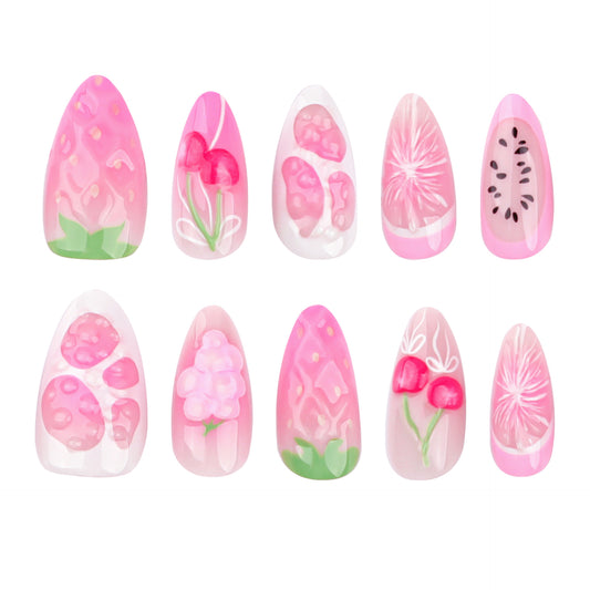 Blossom Dream Pink Medium Almond Press On Nail Set with Floral Artistry and Glossy Finish