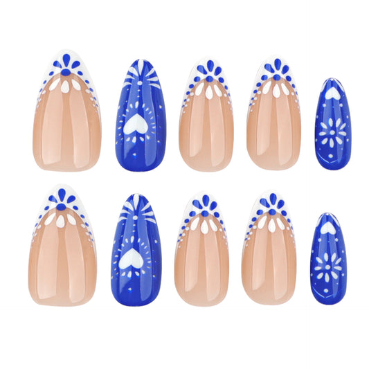 Whimsical Ocean Breeze Medium Almond Shape Cobalt Blue with Heart and Floral Accents Press On Nail Set