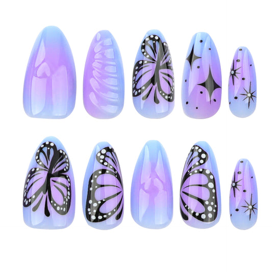 Butterfly Dreams Medium Almond Lilac Ombre with Elegant Butterfly Designs Press-On Nail Set