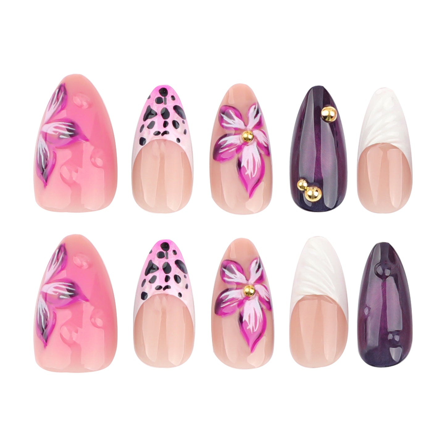 Bohemian Blossom Press-On Nail Set in Medium Almond Pink with Floral Art and Gem Accents