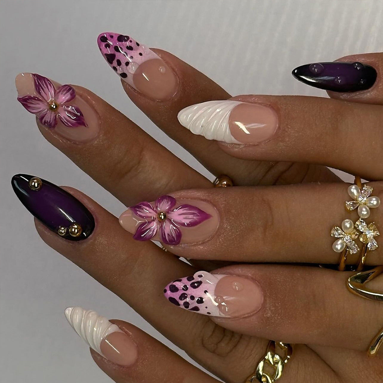 Floral Fantasy Long Almond Purple and White Press on Nail Set with Beautiful Flower Accents and Decorative Gems