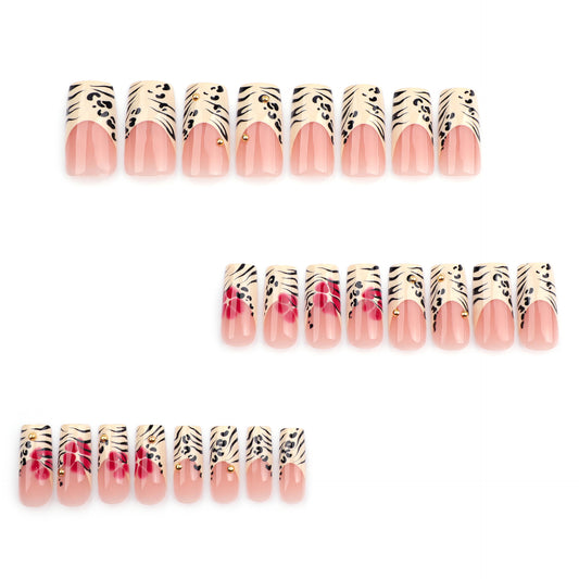 Wild Safari Inspired Medium Square Shaped Pink and Cream Floral Press On Nails with Elegant Accents