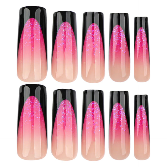 Galactic Glamour Long Square Gradient Pink and Black Press-On Nail Set with Glittery Stars