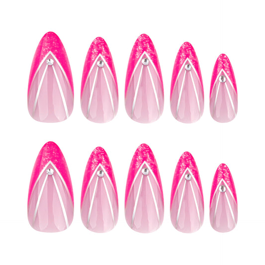 Glamorous Floral Elegance Medium Almond Shape Bright Pink with Sparkling Rhinestone Accents Press On Nail Set