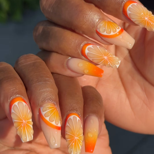 Citrus Splash Long Coffin Orange Ombre with Floral Design Press on Nail Set