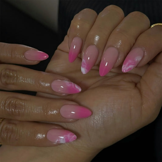 Blossom Glow Medium Almond Pink Ombre Nail Set with Swirling Marble Detail