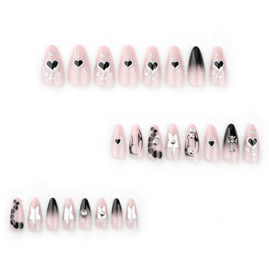 Charming Love Inspired Medium Almond Shaped Pink and Black Press On Nail Set with Unique Heart and Floral Designs