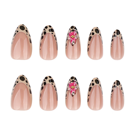 Wild Safari Chic Short Almond Natural Pink with Elegant Floral Accents and Sophisticated Leopard Print Press On Nail Set