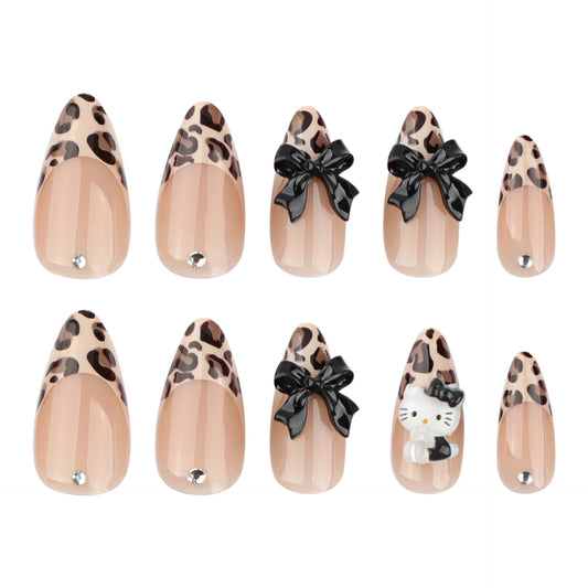 Fierce Jungle Vibe Medium Almond Beige with Leopard Print and Adorable Bow Decoration Press On Nail Set