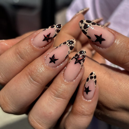 Glamorous Wild Nights Medium Almond Beige Leopard Print with Glamorous Star Accents Press on Nail Set