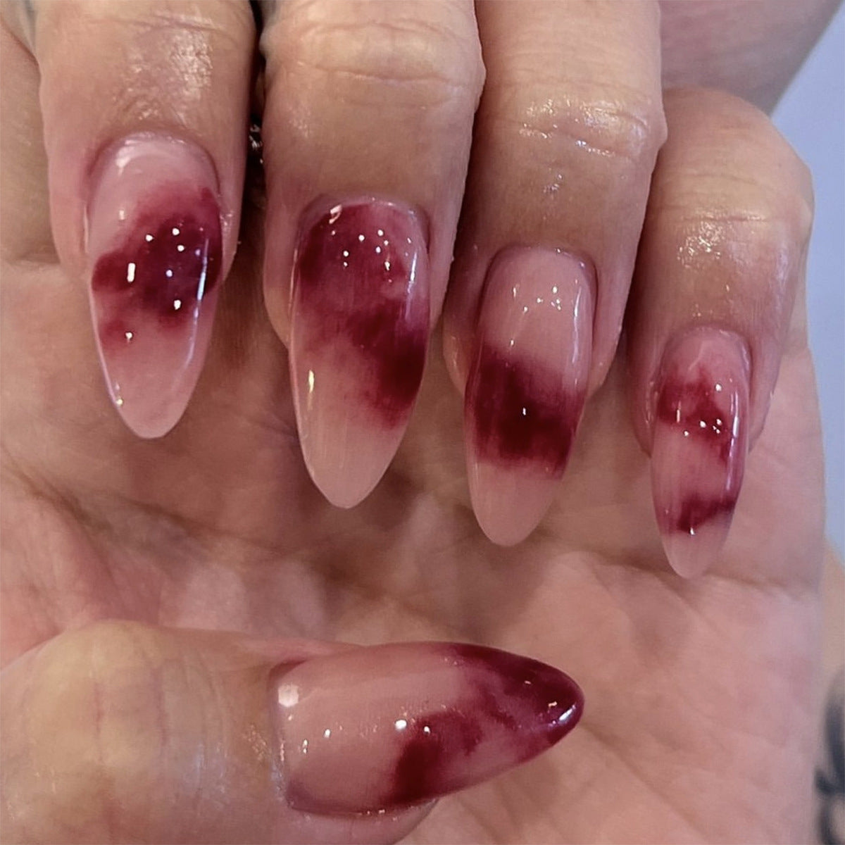 Enchanting Elegance Long Almond Gradient Burgundy and Beige Press-On Nail Set with Artistic Ombre Design