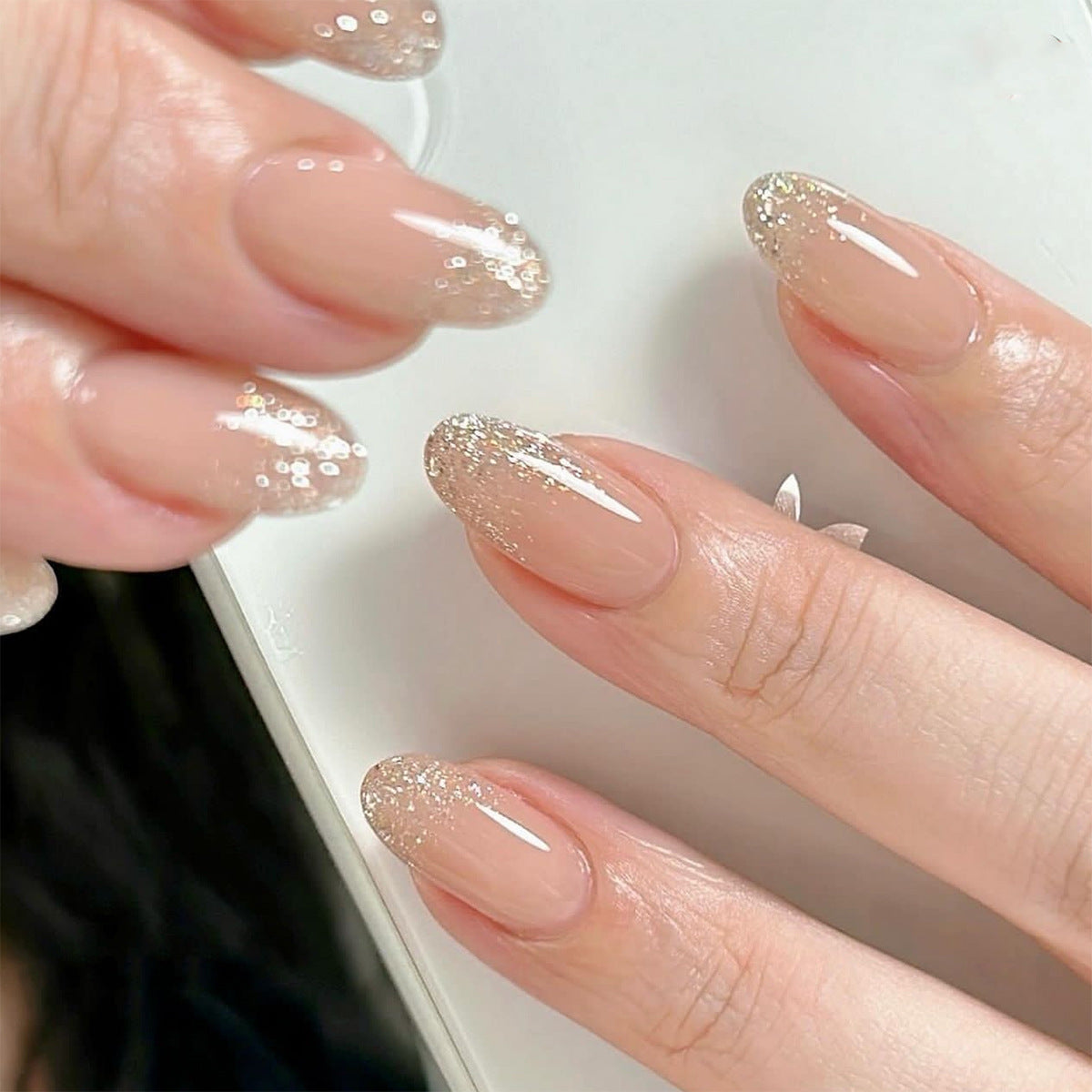 Glistening Romance Medium Almond Beige with Sparkling Glitter Tips Press On Nail Set