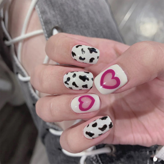 Playful Hearts Medium Square White and Black Press On Nail Set with Chic Heart Designs