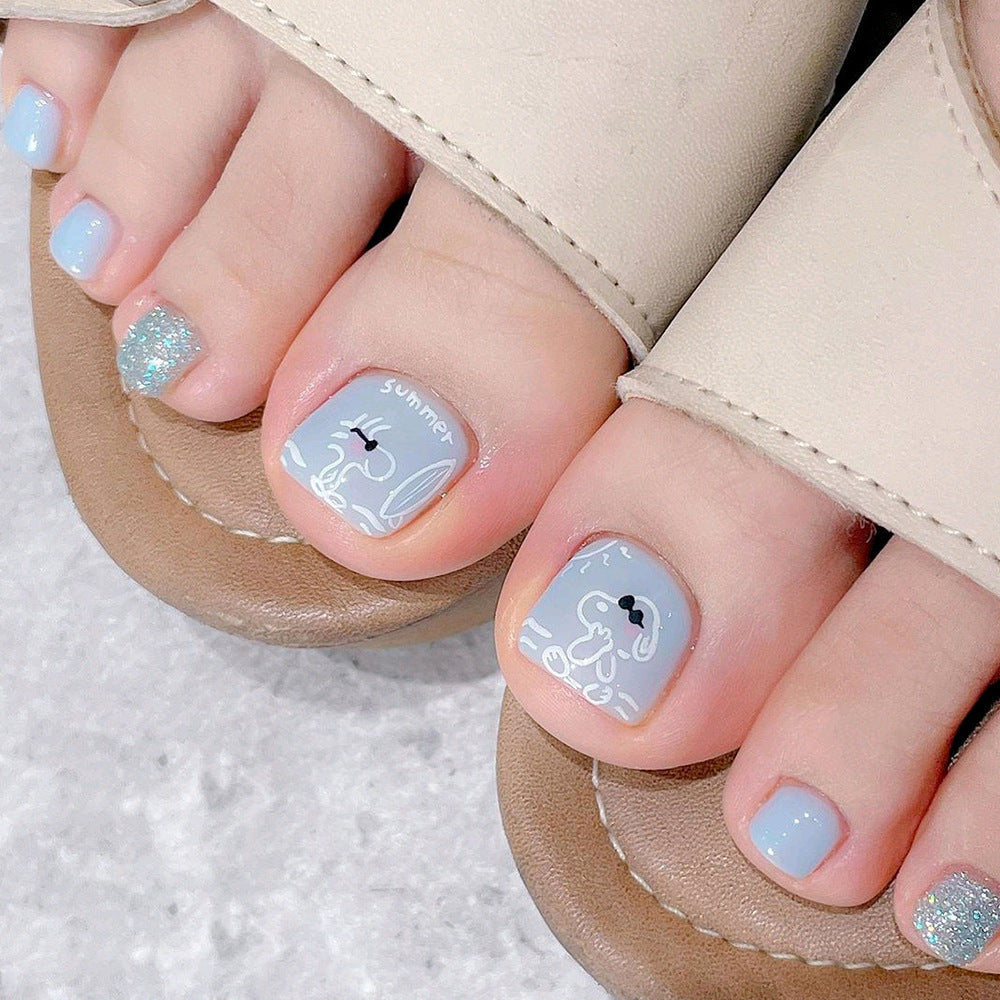 Summer Dream Short Square Light Blue Press On Nail Set with Glitter Accent and Cute Cartoon Design