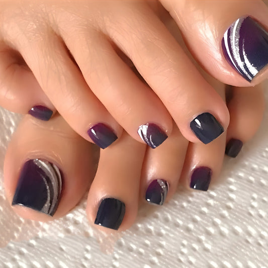 Starry Night Short Squoval Navy Press On Nails with Silver Stripe Accents