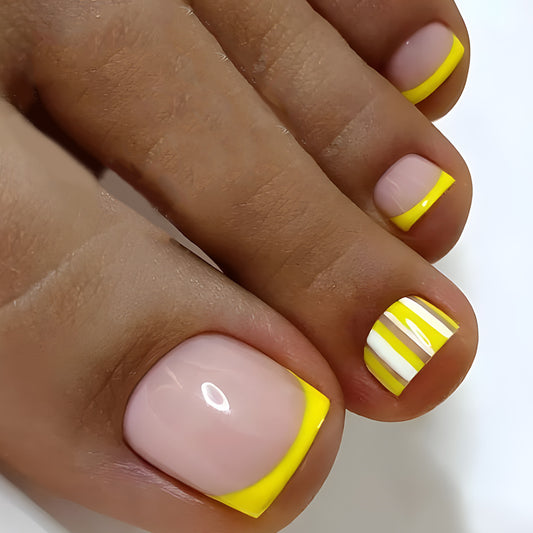 Summer Sunshine Short Square Pink Press On Nail Set with Vibrant Yellow Stripes