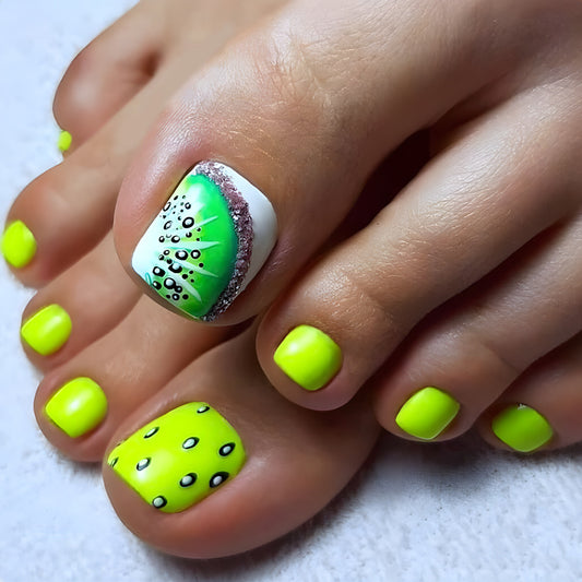 Tropical Delight Short Square Neon Green Press On Toenails with Kiwi Fruit Design