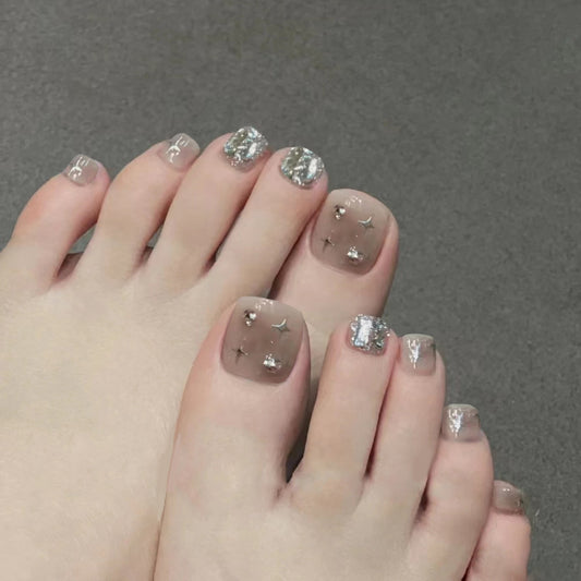 Starry Night Short Square Grey Press on Nail Set with Glitter Accents