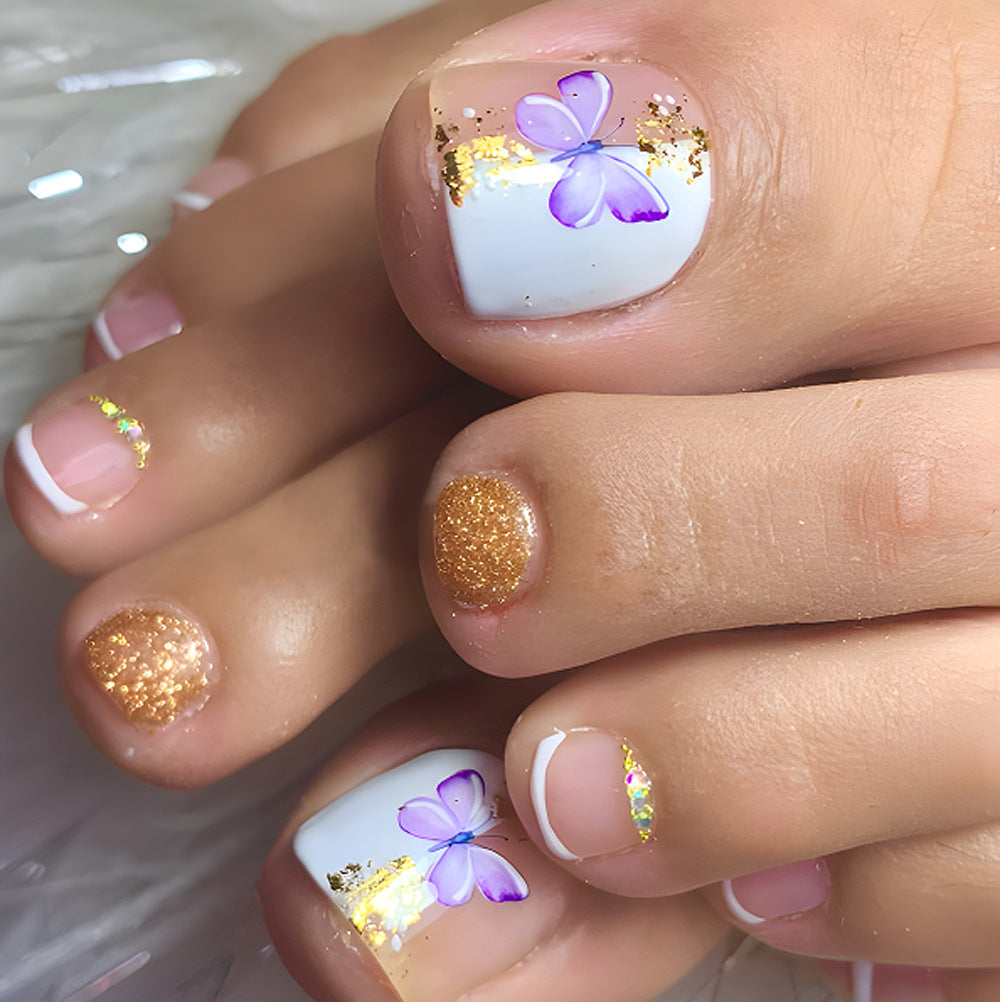 Spring Blossom Short Oval Pastel Purple and Gold Glitter Floral Press On Nail Set