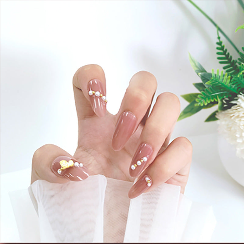 Chic Romance Long Almond Blush Pink Press On Nail Set with Elegant Pearl and Heart Accents