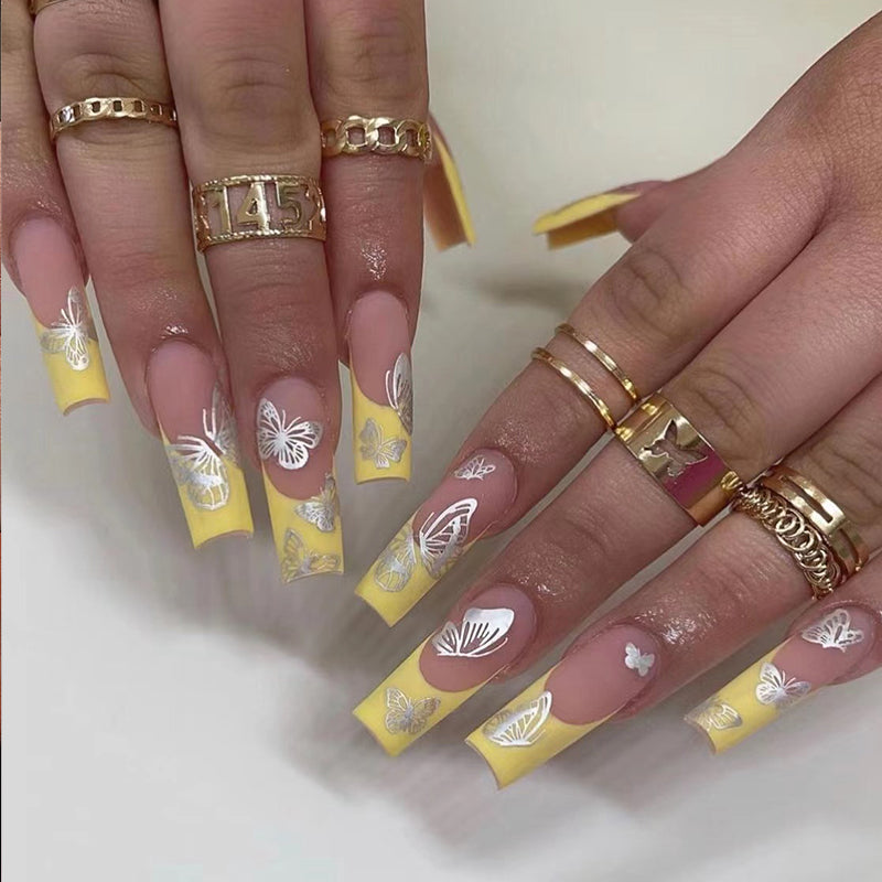 Butterfly Plan Short Coffin Yellow Summer Press On Nails