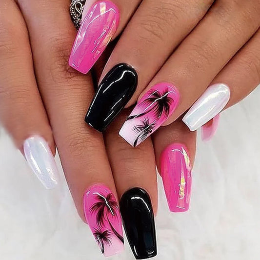 Out Of Office Long Coffin Pink Beach Press On Nails