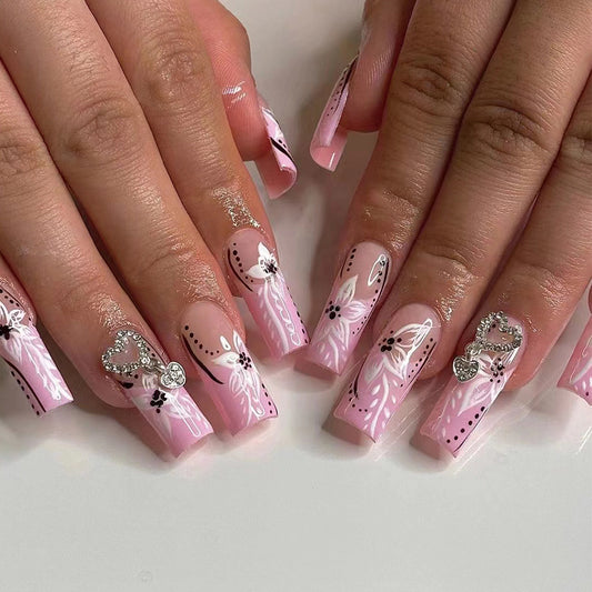 Beach Flowers Long Coffin Pink Summer Press On Nails