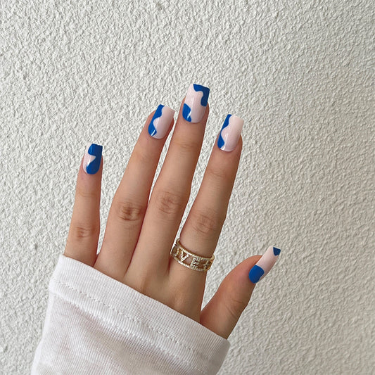 Blue Borders Short Square Blue Pattern Press On Nails