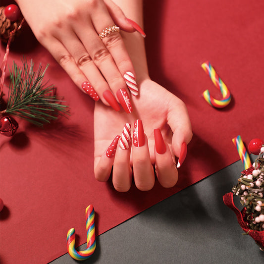 Peppermint Surprise Long Coffin Red Holiday Press On Nails