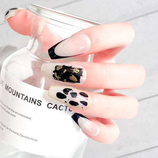 Wildlife Adventure Long Coffin Press On Nails in Beige Black and Gold Animal Print Design