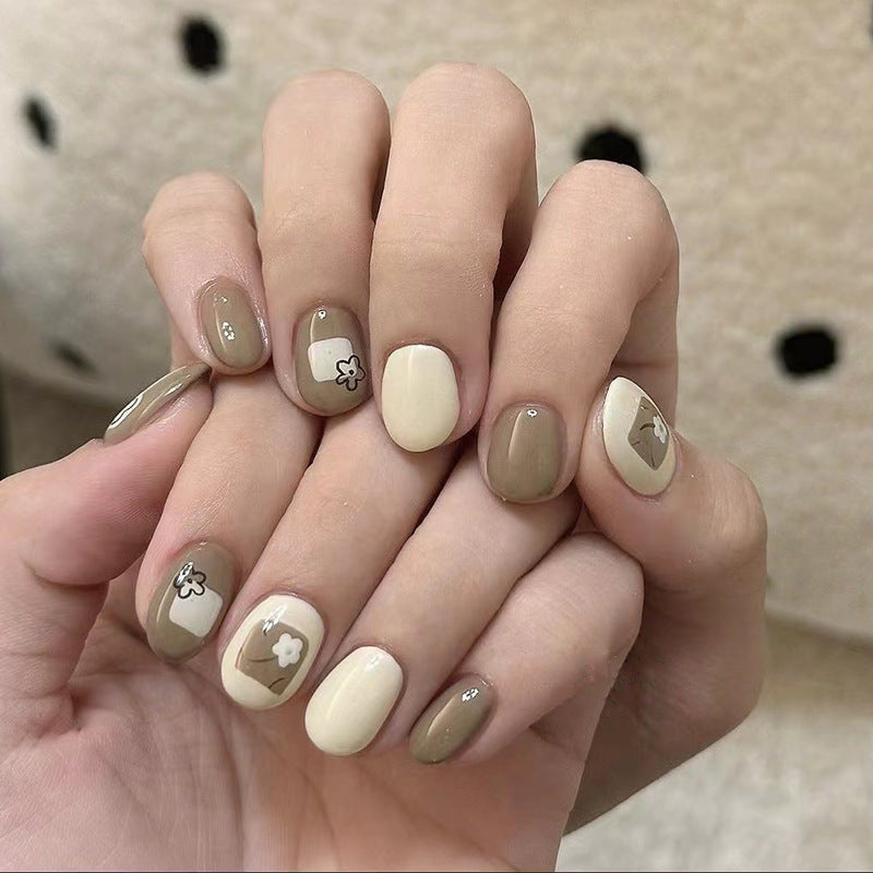 Chic Nature Inspired Press on Nail Set Long Almond Shape Earthy Brown and Cream Tones with Floral Accents