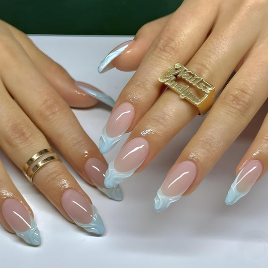 Oceanic Elegance Long Stiletto Press On Nail Set in Blue and White Ombre with Glossy Finish