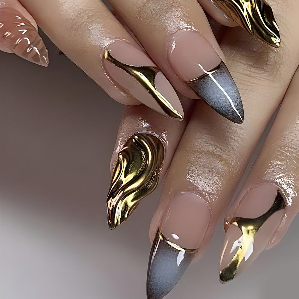 Glamorous Elegance Long Stiletto Gradient Grey and Gold Press On Nail Set with Unique Marble Accent