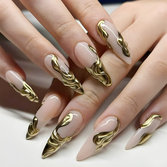 Glamorous Golden Flame Long Almond Press On Nail Set with Beige Color and Unique Sculpted Design