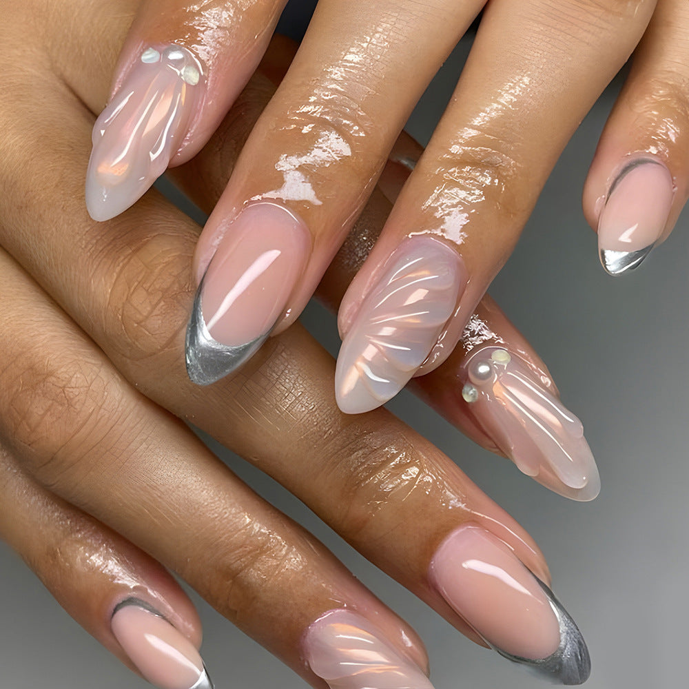 Elegant Garden Long Almond Almond Press On Nails with Iridescent Sheen and Silver French Tips