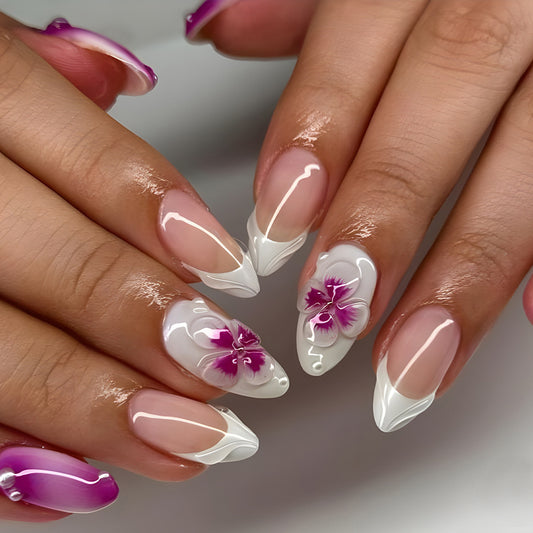 Tropical Paradise Long Almond Pink and White Floral Press On Nail Set with Shiny Finish