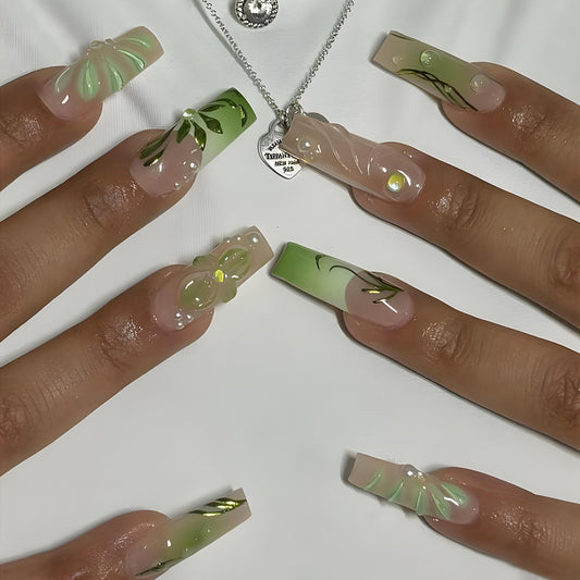 Botanical Bliss Long Square Green Ombre Press On Nail Set with Floral Designs and Rhinestone Accents