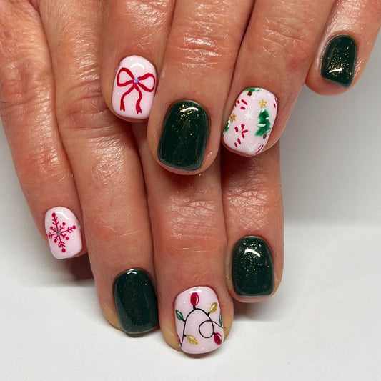 Holiday Cheer Short Square Green and Pink Press On Nail Set with Festive Christmas Designs