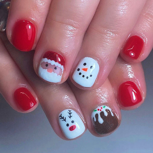 Holiday Cheer Short Square Red and White Press On Nail Set with Festive Character Designs