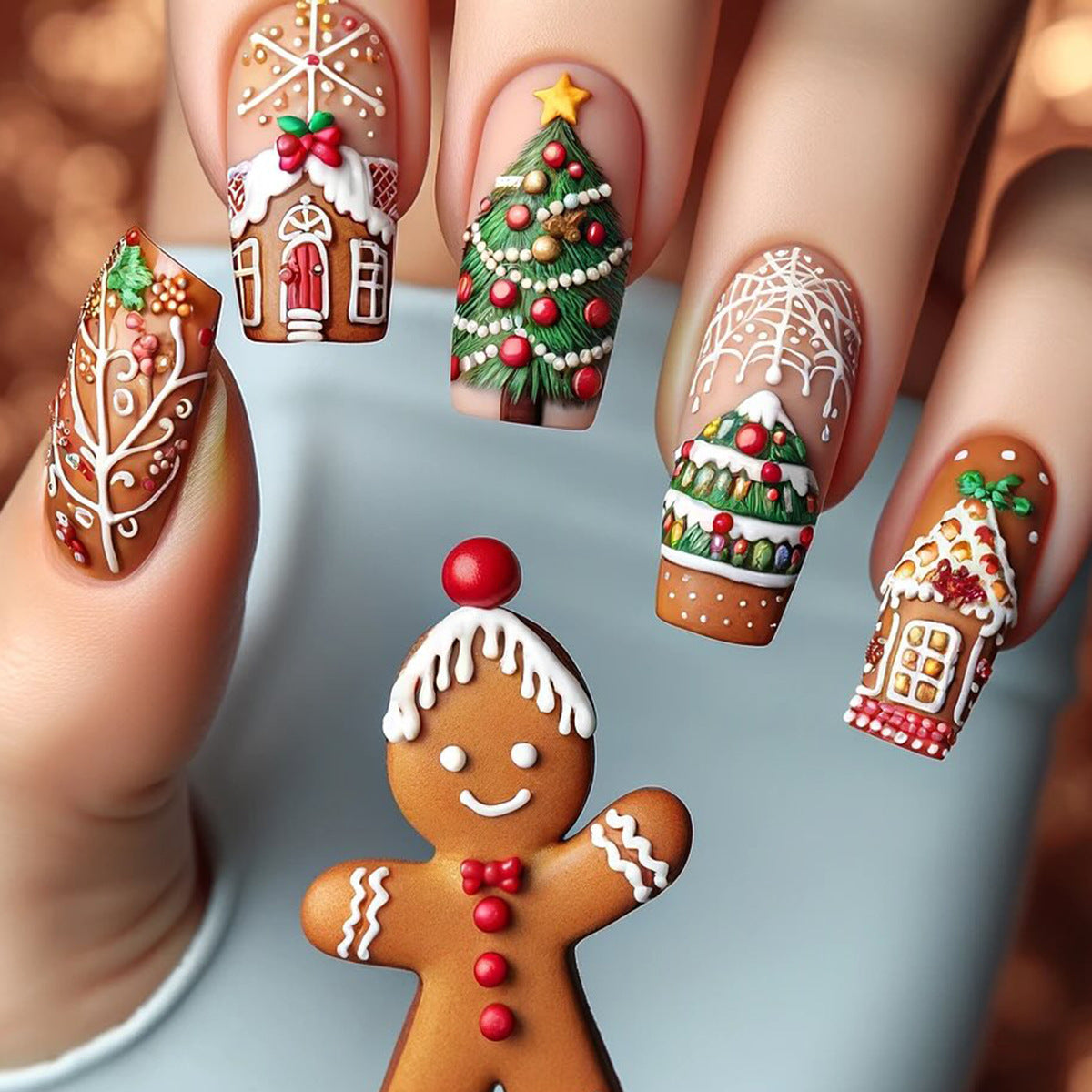 Festive Gingerbread Holiday Press-On Nail Set Medium Square Brown with Whimsical Gingerbread House Designs